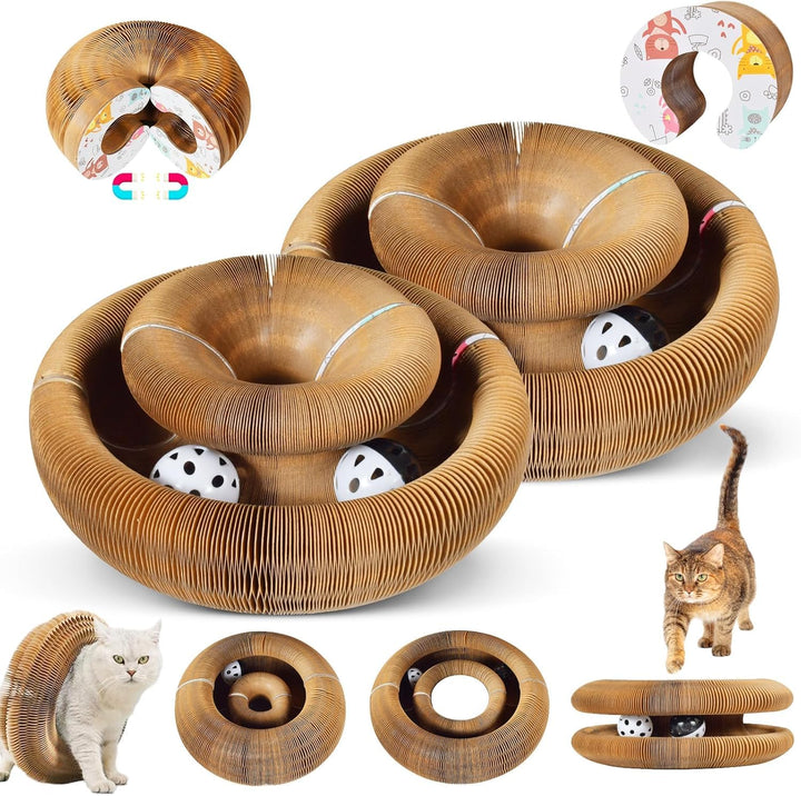 2 Pack Faltbares Katzenkratzbrett Spielzeug – Interaktives Akkordeon-Karton mit Glockenball, wendbar