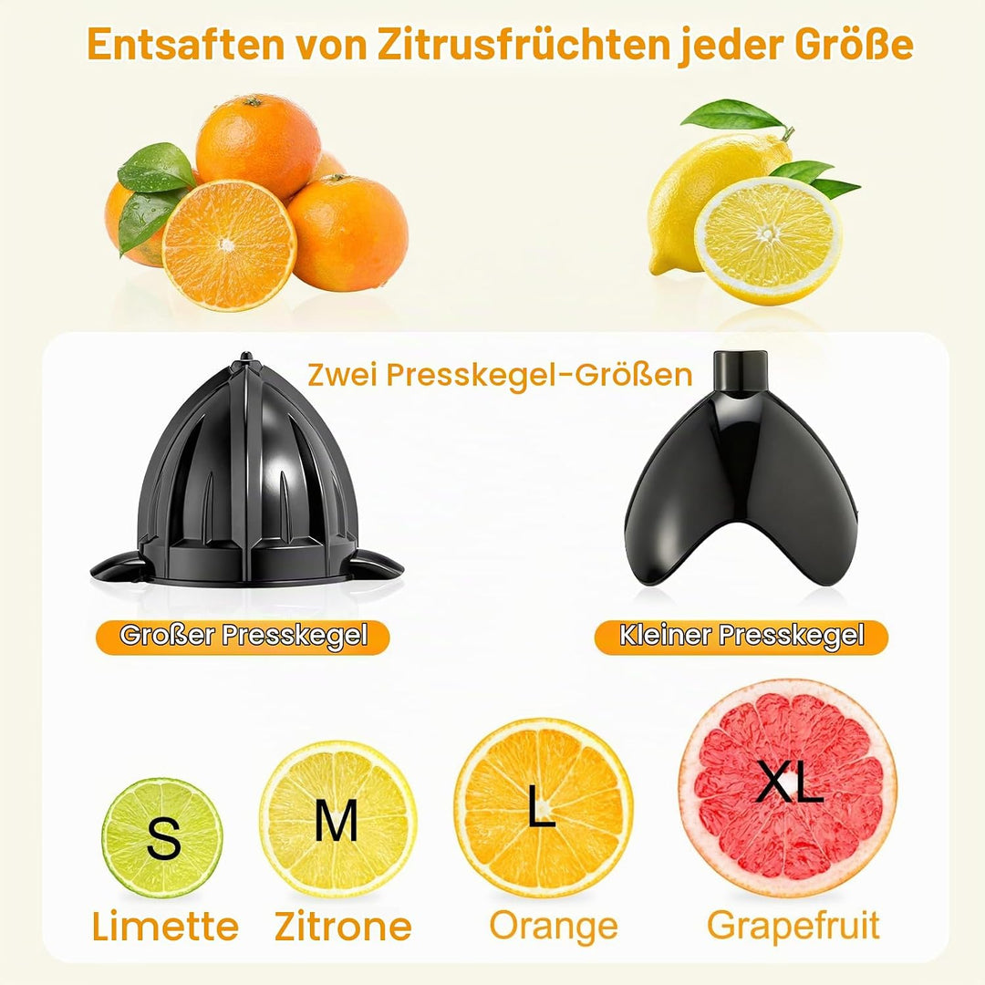 Romon Zitronenpresse, 85W Saftpresse 2 Kegel Zitruspresse Edelstahl BPA-Frei Elektrische Zitruspress