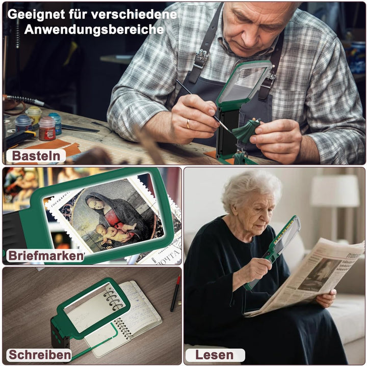 15X Lupe mit Licht und Ständer, Echtglaslinse Leselupe, Wiederaufladbare, Faltbare Grosse Handlupe,