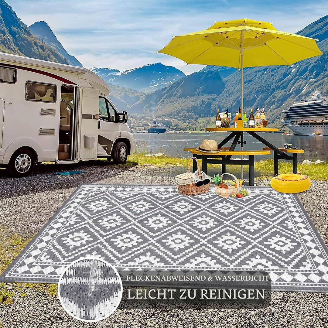 Enyhom Gross Aussenteppich 180 x 270 cm, Robuster Flachgewebe Kunststoff Picknickdecke, Wendbarer UV