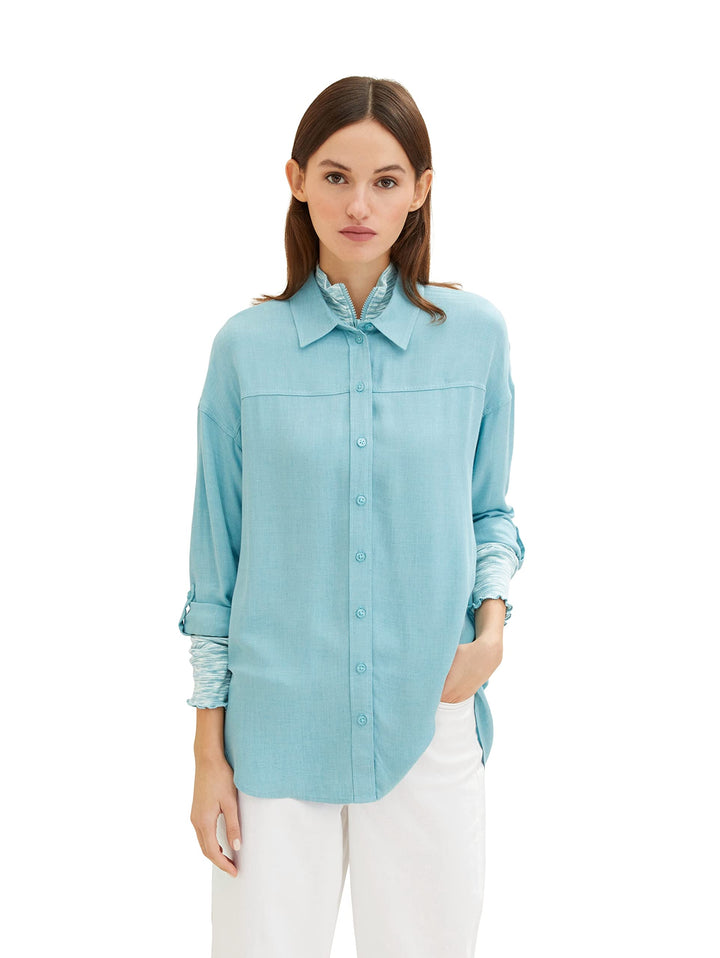 TOM TAILOR Denim Damen Bluse mit Turn-Up Ärmel L 30564 - Reef Blue Melange, L 30564 - Reef Blue Mela