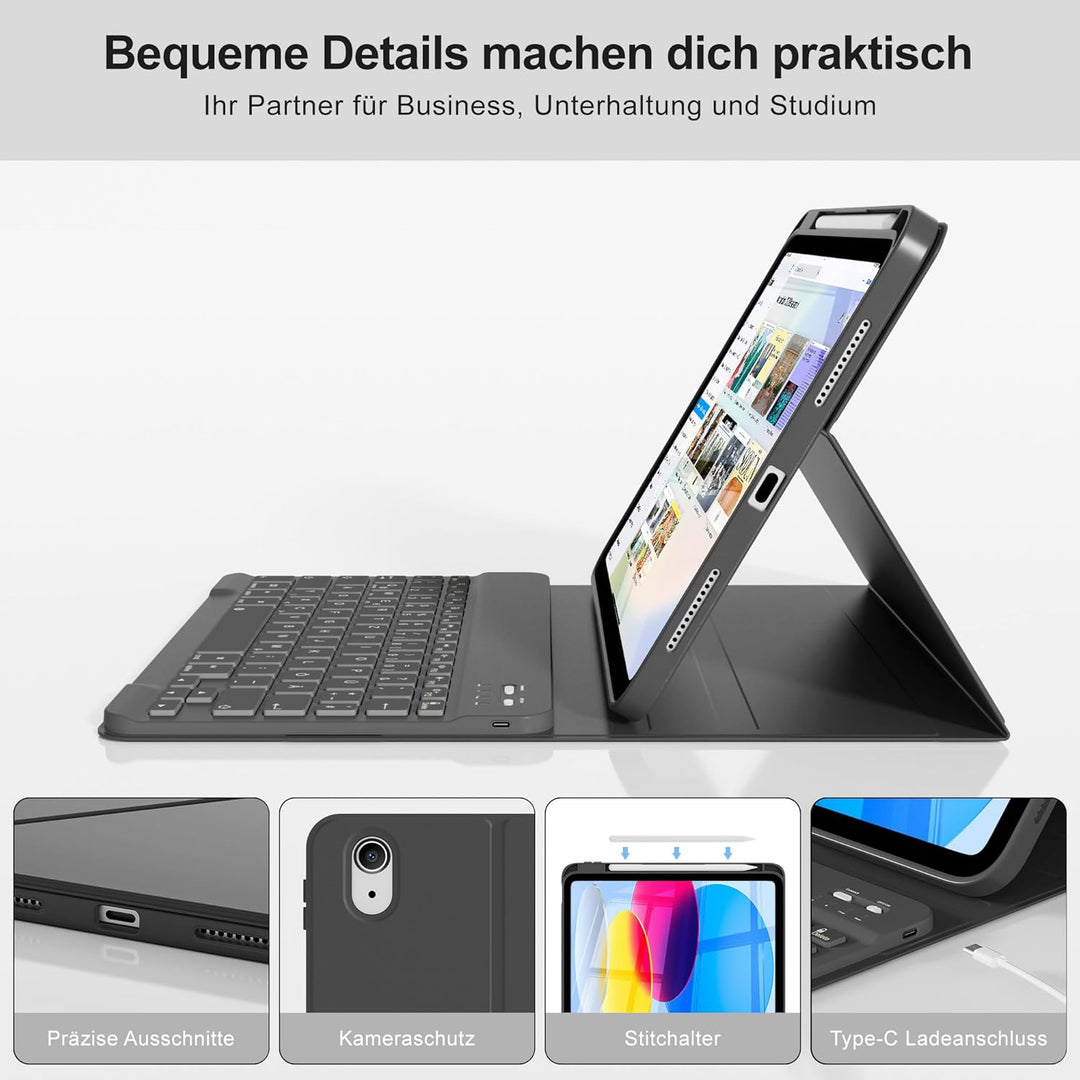 Hülle mit Tastatur für iPad A16 11 Generation2025/10 Generation 2022, (11/10.9 Zoll), 7-farbige Magn