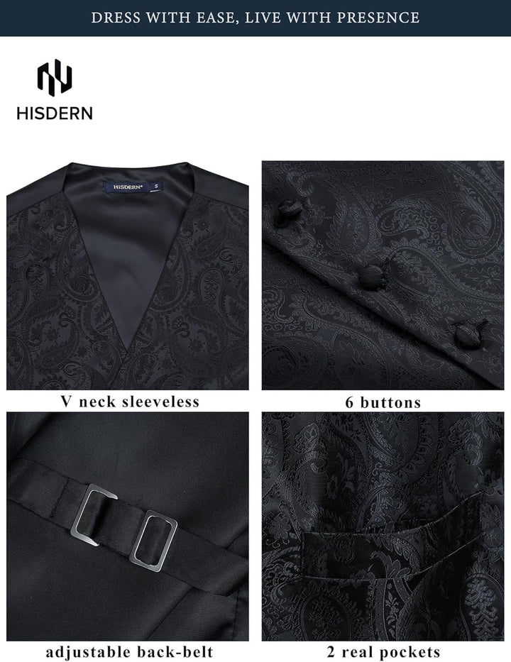 HISDERN Herren FLoral Hochzeit Weste Krawatte Einstecktuch Taschentuch Jacquard Weste Anzug Set XS S
