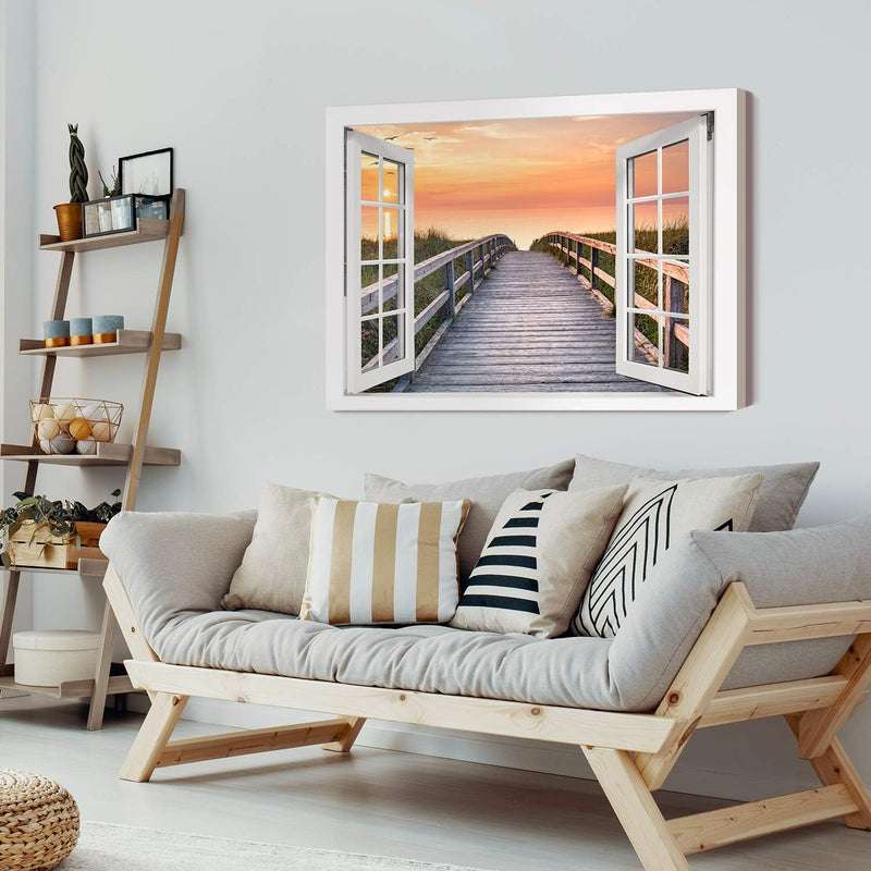 PICANOVA – Bild auf Leinwand Holzweg zum Meer Fenster 80x60cm – Leinwandbild – Premium Leinwanddruck