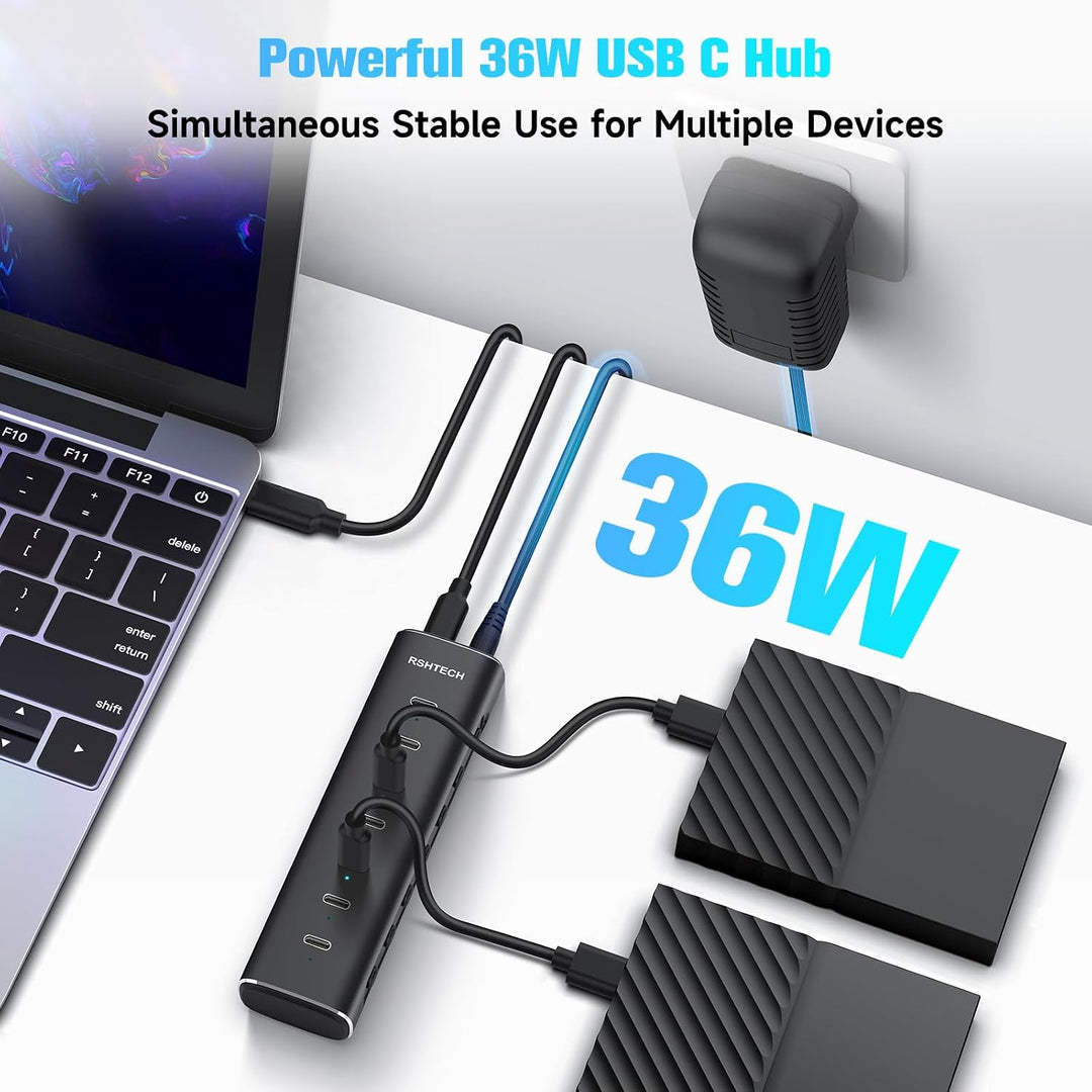 RSHTECH Alle 7 Anschlüsse sind USB-C Hub 3.2 mit Netzteil - Aktiver Verteiler 3.1 - Aktiv Schaltbaer