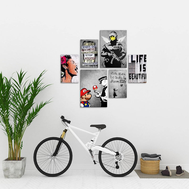 Novart Bilder Set - AUFHÄNGFERTIG - KEIN EXTRA RAHMEN BENÖTIGT - Banksy Collage Modern Street Art -