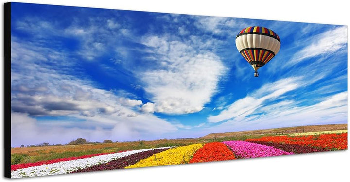 Paul Sinus Art Panoramabild auf Leinwand und Keilrahmen 150x50cm Blumenfeld Heissluftballon Sommer H