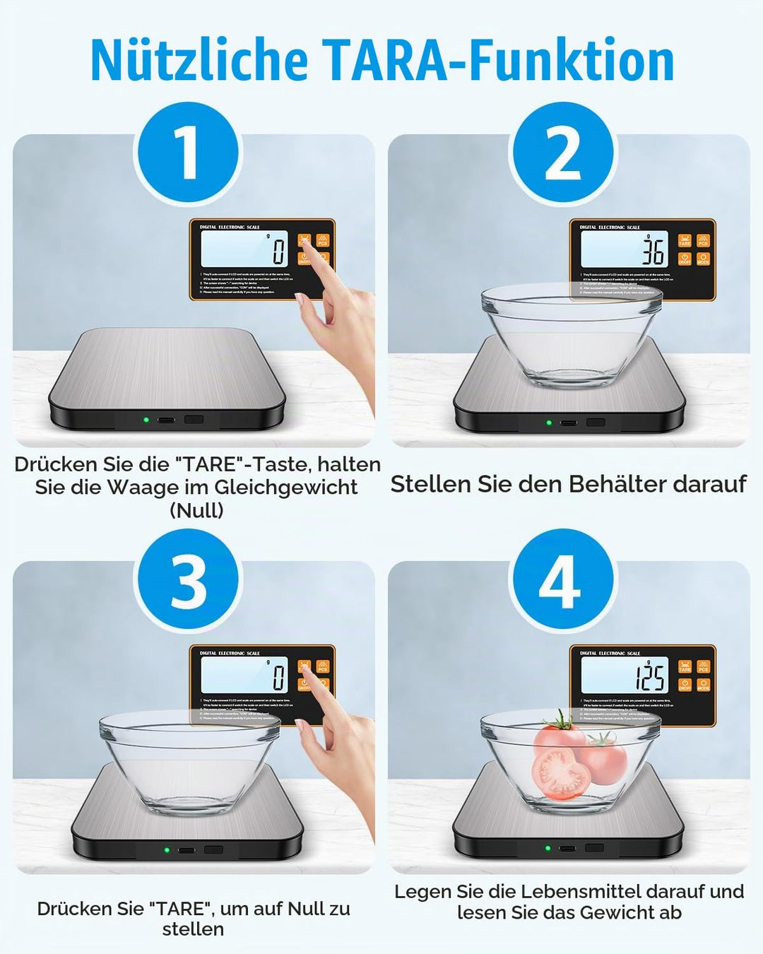 [Neu] Brifit Digitale Küchenwaage 15kg/1g mit Abnehmbarem Display – Wiederaufladbare Küchenwaage mit