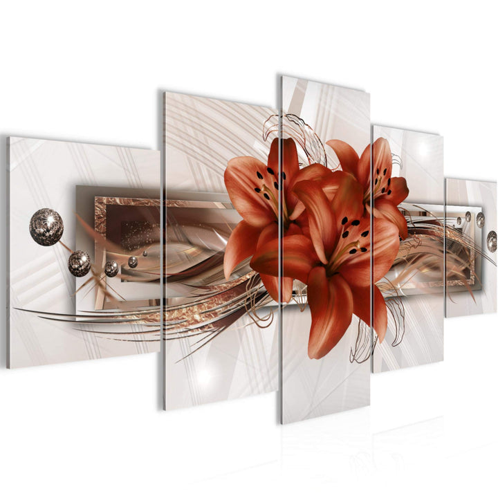 Runa Art - Bilder Blumen Lilien 200 x 100 cm 5 Teilig XXL Wanddekoration Design Beige Braun 008751b