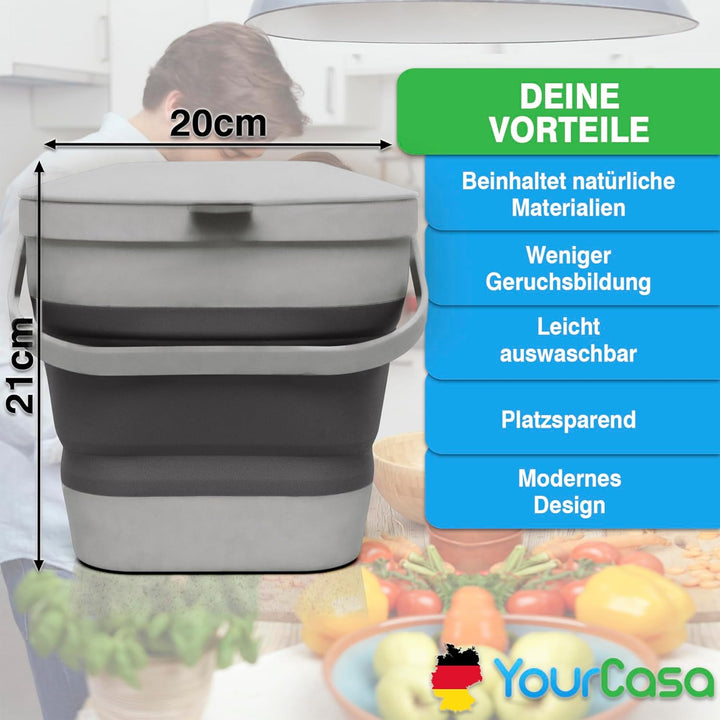 YourCasa® Faltbarer Biomülleimer 4L - kompakter Bio Mülleimer mit geruchsdichtem Aktivkohlefilter-De