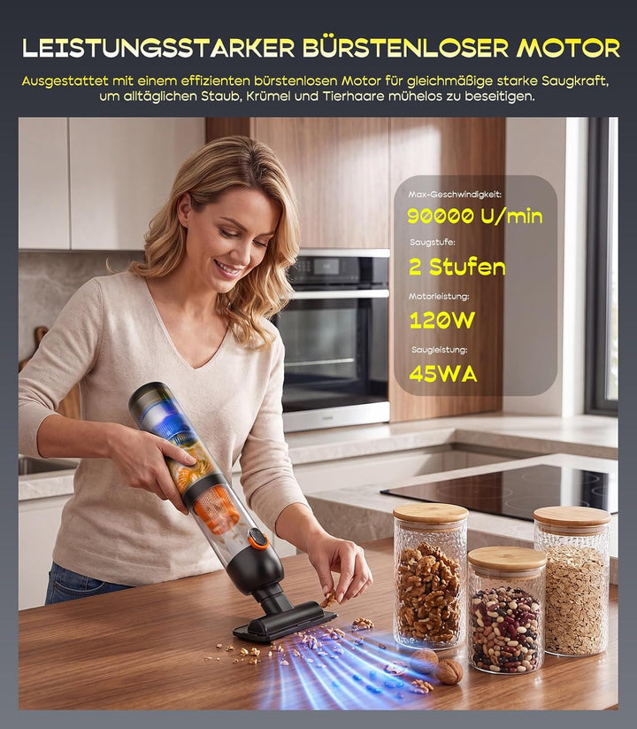 Handstaubsauger Akku 4-in-1, Mini Autostaubsauger Stark mit 20000 PA Saugkraft und 2 Saugstufen, USB