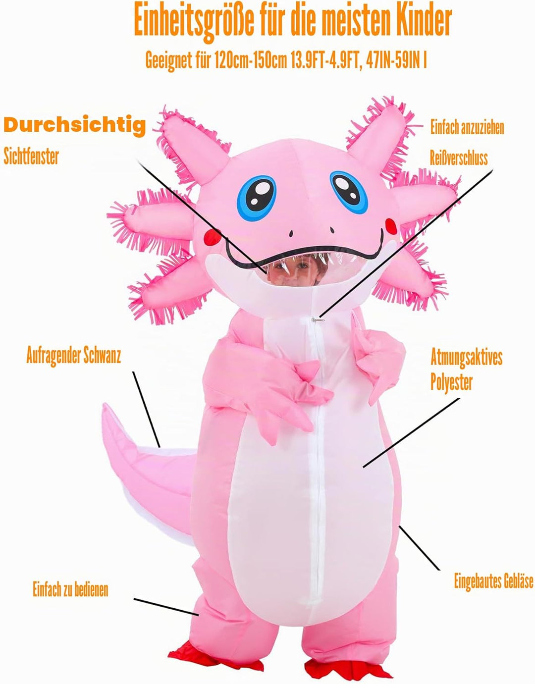 JOYBRO Aufblasbares Axolotl Kostüm, Lustiges Axolotl Kostüm, Perfekt für Halloween, Karneval, Cospla