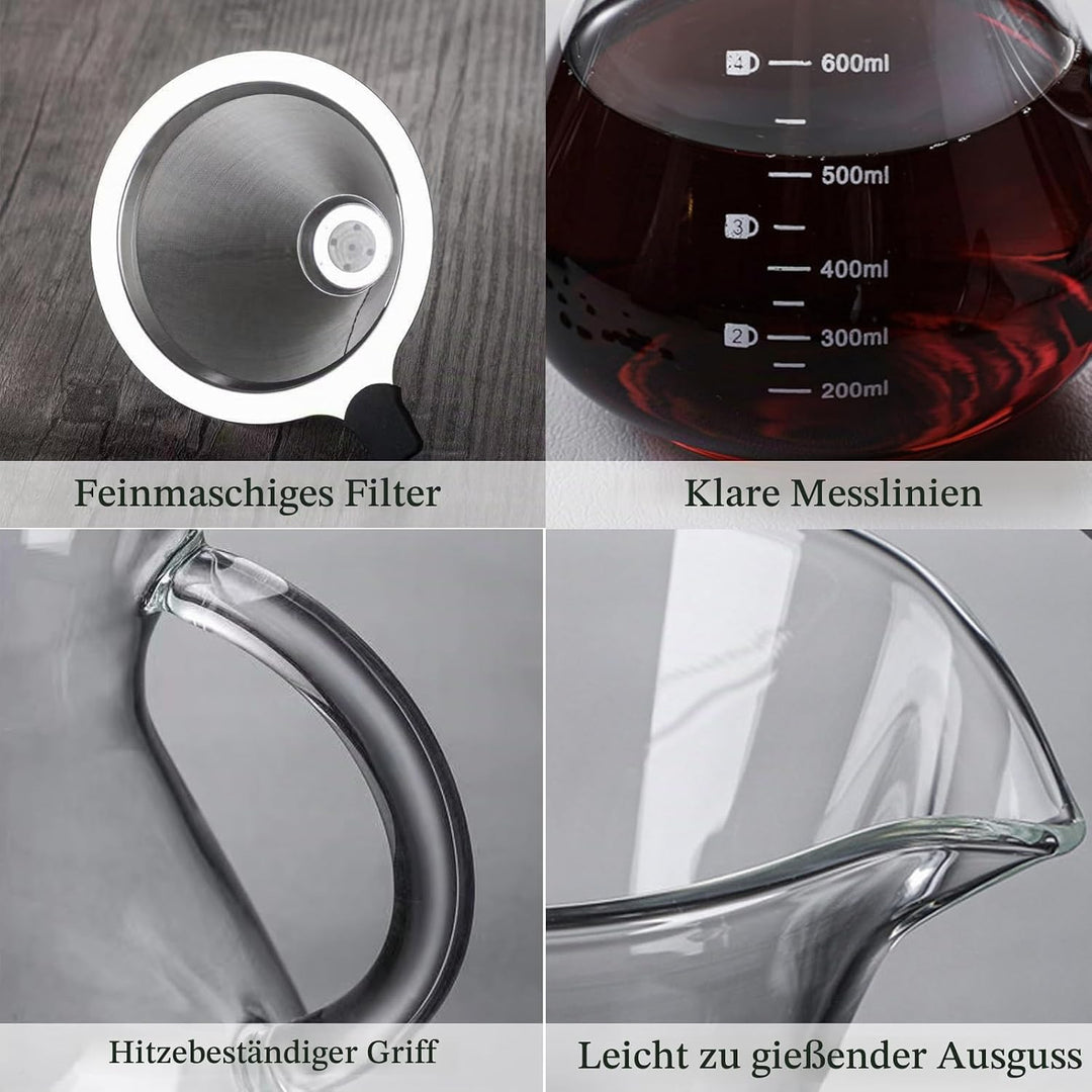 Pour Over Kaffeebereiter, 600ml Glas Kaffeekanne mit Filter und Hitzebeständigem Griff, Pour Over Co