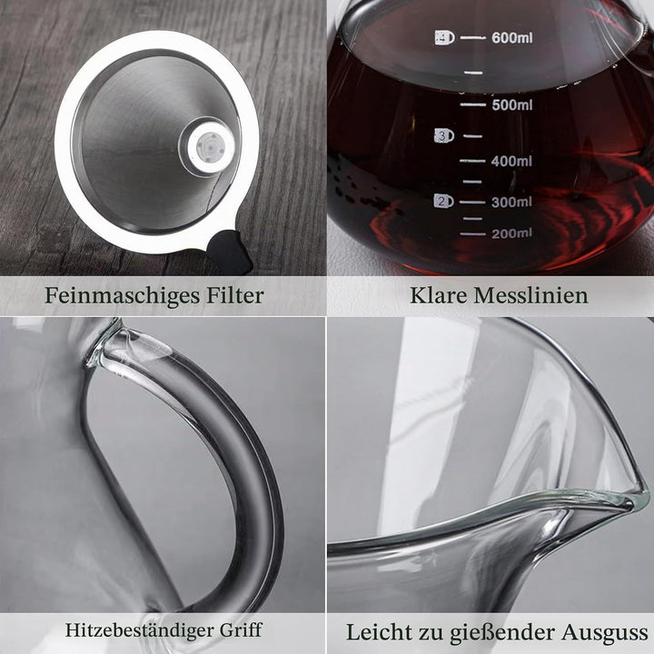 Pour Over Kaffeebereiter, 600ml Glas Kaffeekanne mit Filter und Hitzebeständigem Griff, Pour Over Co