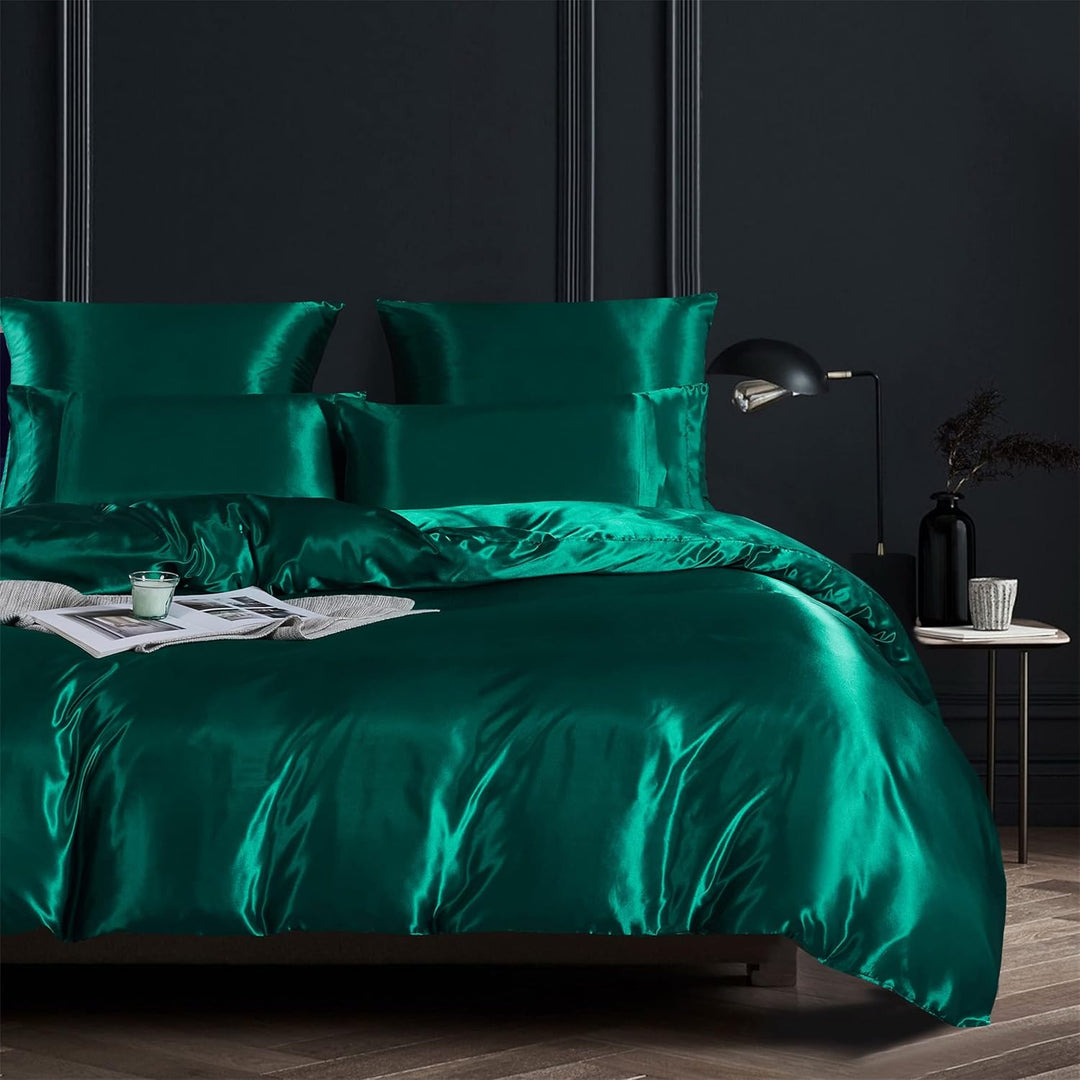 Damier Satin Bettwäsche 155x220cm Grün Glatt Glänzend Bettbezug Set 3 Teilig hohe Deluxe Deckenbezug