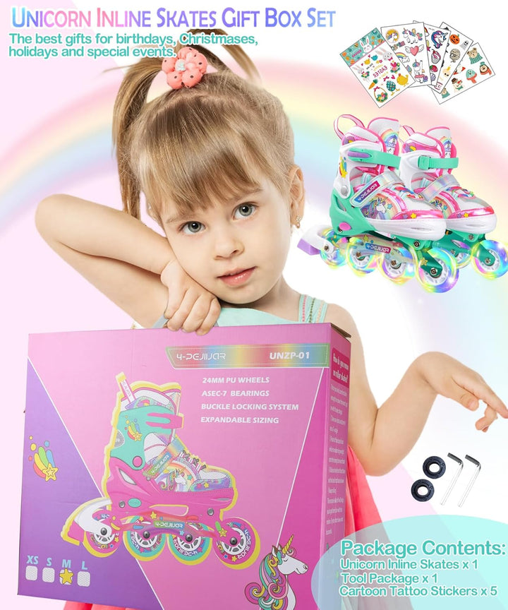 Einhorn Inliner für Mädchen Kinder Grössen Verstellbar Mit Allen Leuchtenden Rädern Regenbogen Inlin