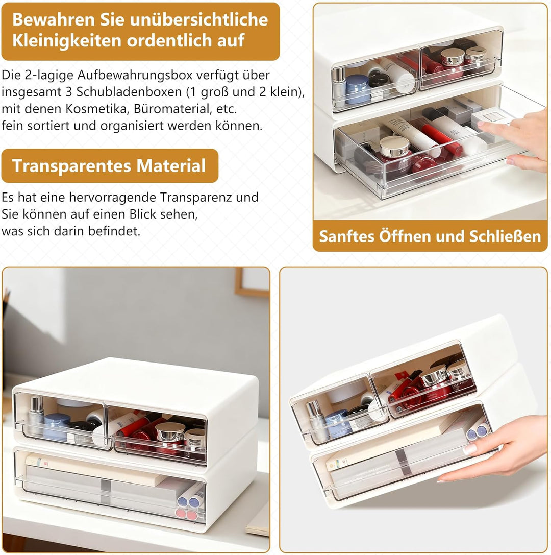 Schubladenbox Schreibtisch mit 3-Schubladen: 2 Stück Büro Organizer mit Schubladen Gross, Stapelbar