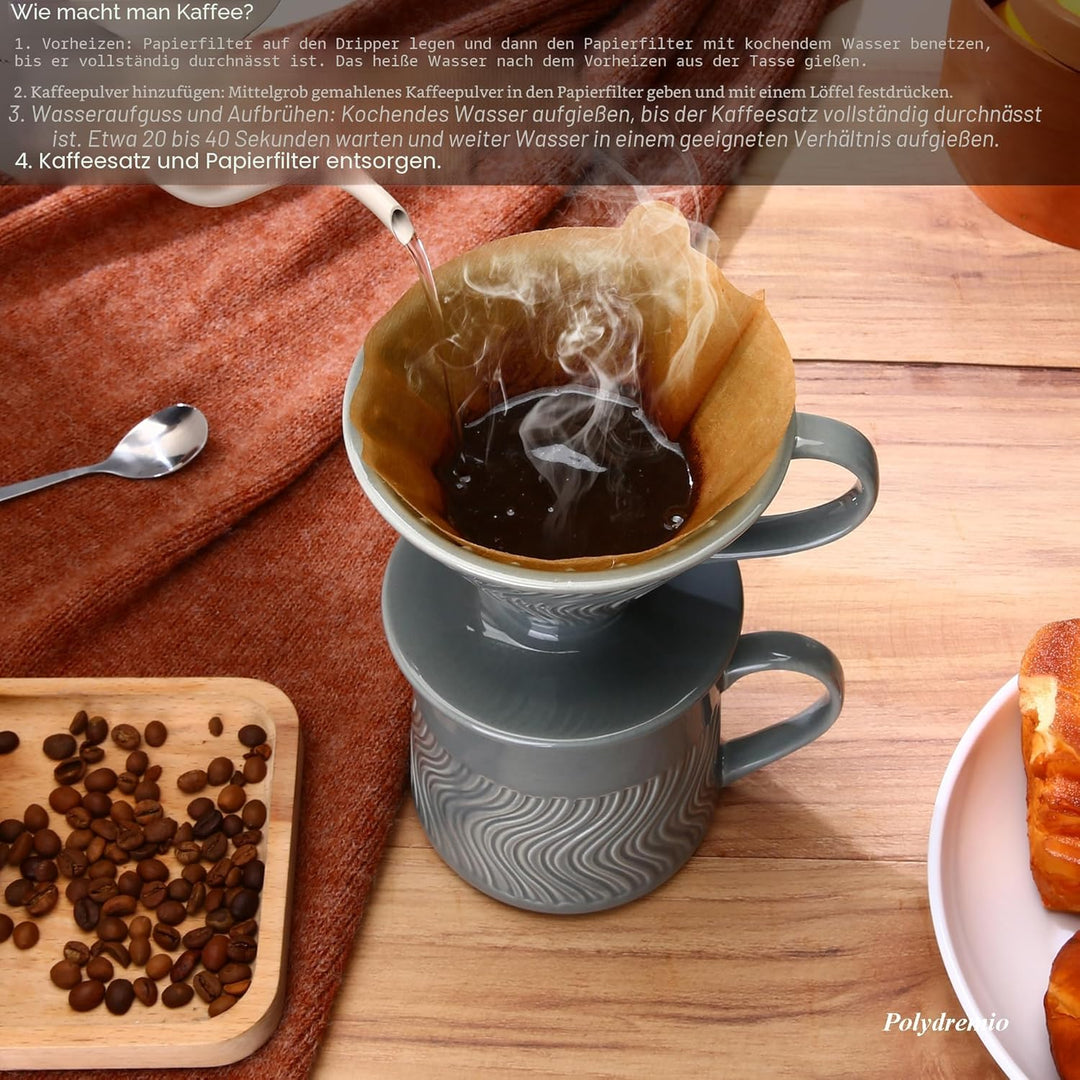 Pour-Over-Kaffeebereiter, Keramik Kaffee-Tropfer mit 100 Stück Grösse-02-Papierfilter, Keramik-Kanne