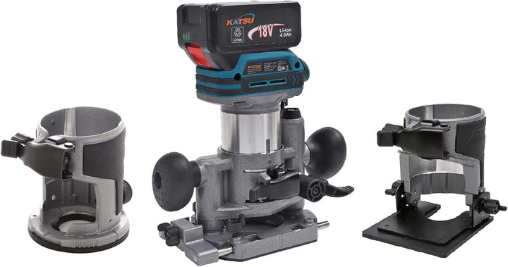 KATSU Schnurloser Holz Oberfräse Kantenfräse Set 18V mit 3 Basen + 3 Spannzangen 6mm, 8mm und 10mm +