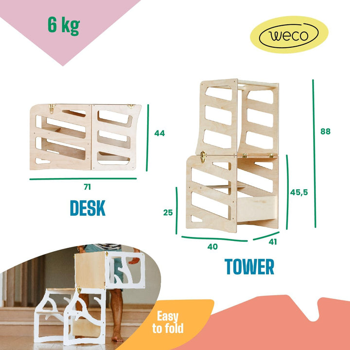 Weco Montessori Kinder Lernturm 3 in 1 Streifen Design mit Tritthocker FSC Zertifikat Schreibtisch M