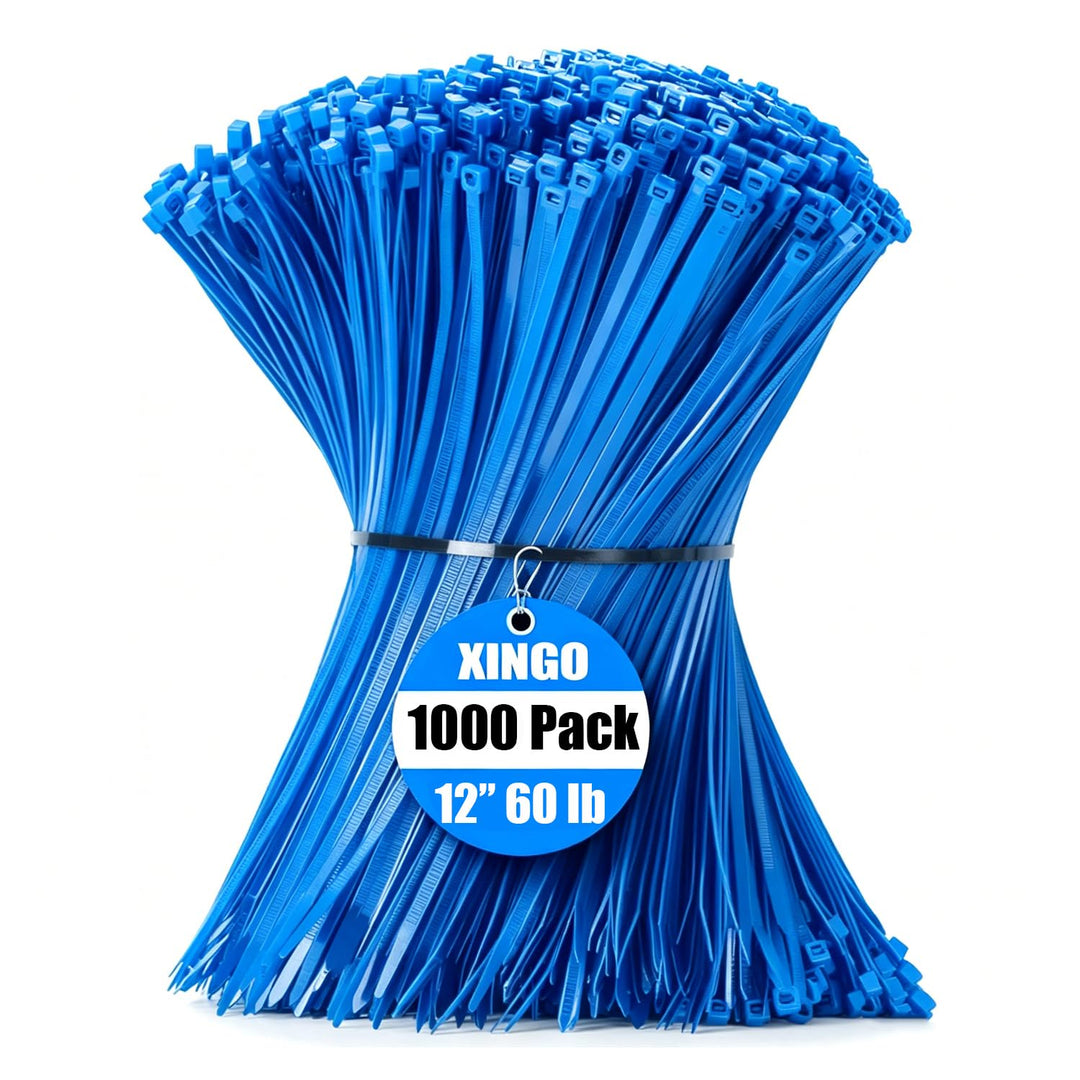 XINGO 1000 Stück Kabelbinder Blau, 300mm x 4.8mm, 22,7 kg Zugfestigkeit, UV-beständig, Selbstsichern