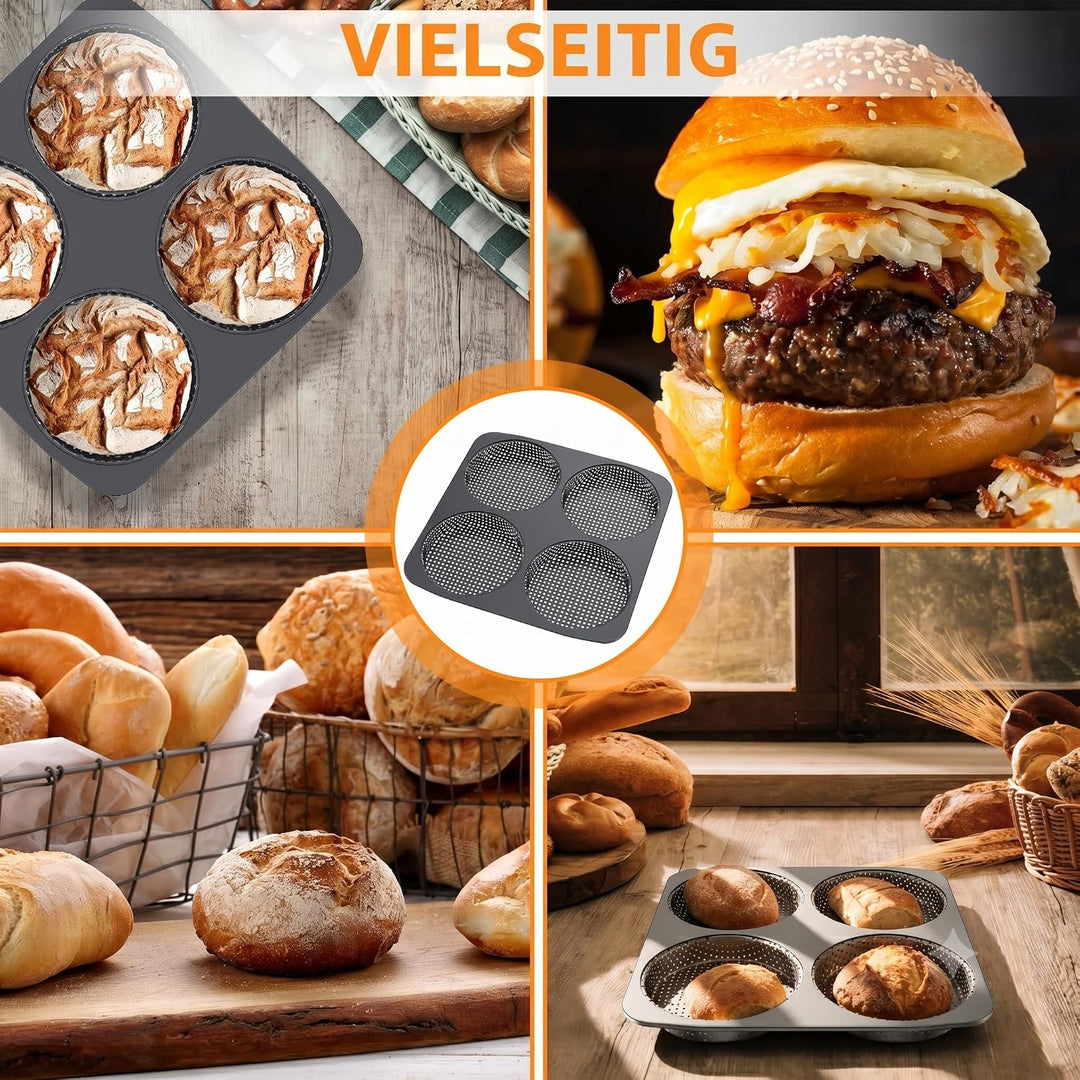 Burger Buns Backform, Perforierte Backform für 4 Burger Buns aus Karbonstahl, Brötchenblech Hitzebes