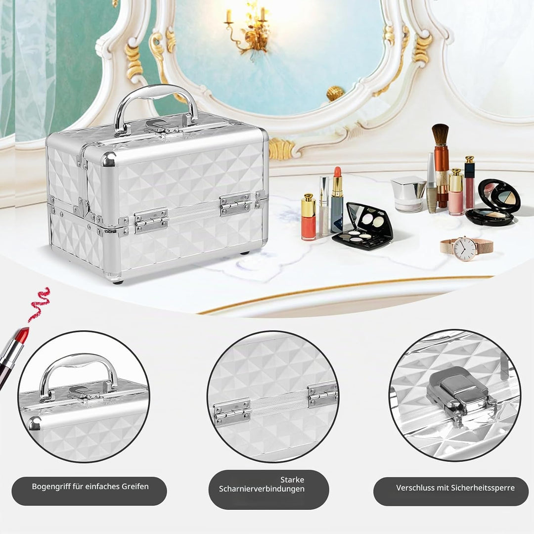 HOMASIS Kosmetikkoffer mit Spiegel, Mini Schminkkoffer mit 3 Ebenen, tragbarer Beauty Case mit Griff