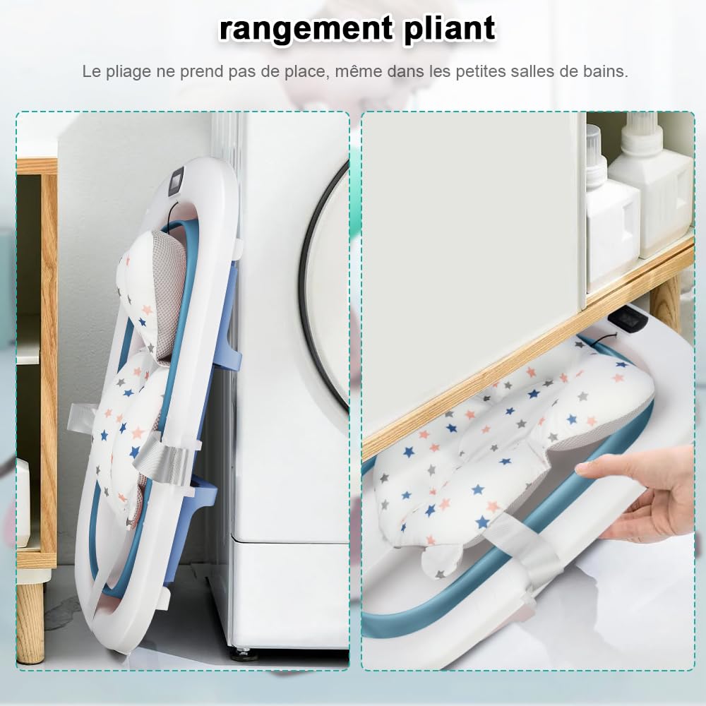 Flexible Babybadewanne mit Temperaturanzeige, Duschkissen, Duschstecker, rutschfeste Füsse, faltbare