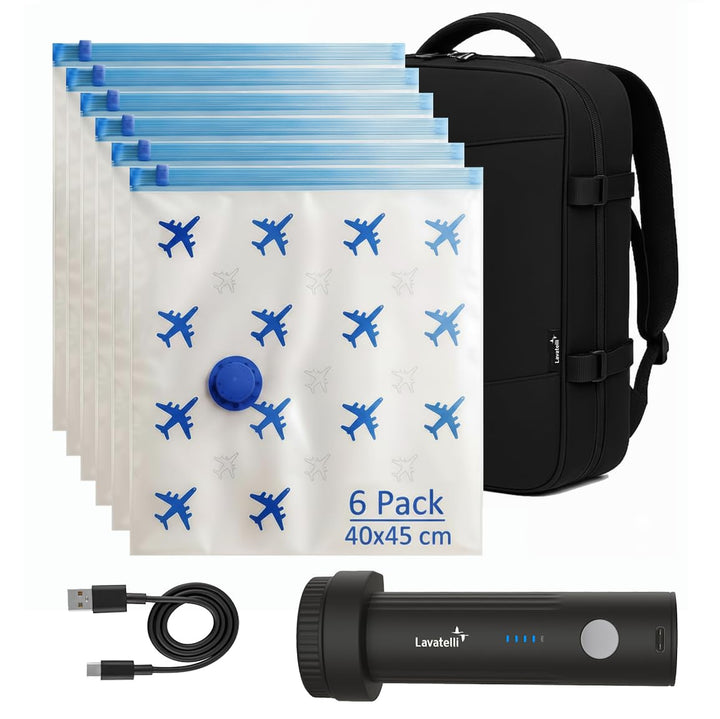 Lavatelli Reise Vakuum Set mit kabelloser USB-C Pumpe & 6 Vakuumbeuteln 40x45 cm, Handgepäck Organiz