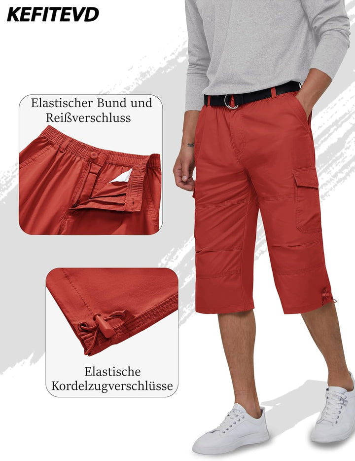 KEFITEVD 3/4 Hose Herren Cargo Shorts Männer Bermuda Shorts Multi Taschen Sommer Kurze Hose Baumwoll