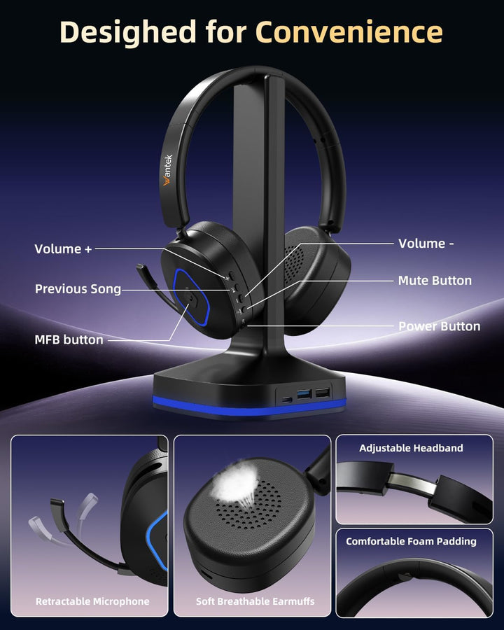 Wantek Kabelloses Bluetooth-Headset mit Mikrofon mit Geräuschunterdrückung, kompatibel mit Windows,