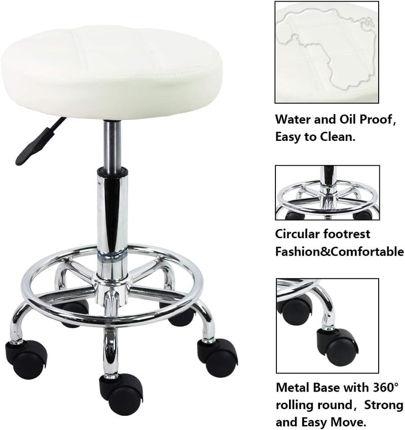 KKTONER Rollhocker Arbeitshocker Barhocker höhenverstellbar 49-64cm drehbar aus Kunstleder Weiss, We