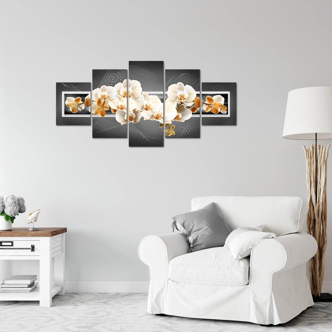 Runa Art Wandbilder Blumen Orchidee 5 Teilig Bild auf Vlies Leinwand Deko Wohnzimmer Abstrakt Grau B