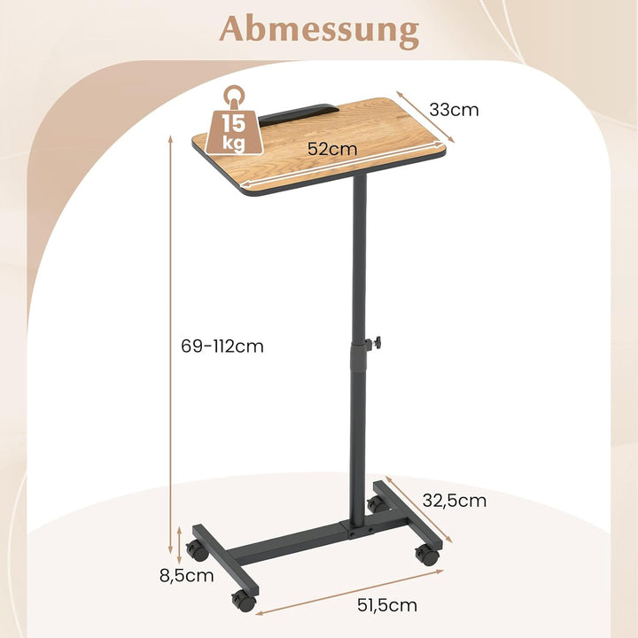COSTWAY Betttisch auf Rollen höhenverstellbar, Pflegetisch mit neigbarer und 360° drehbarer Tischpla