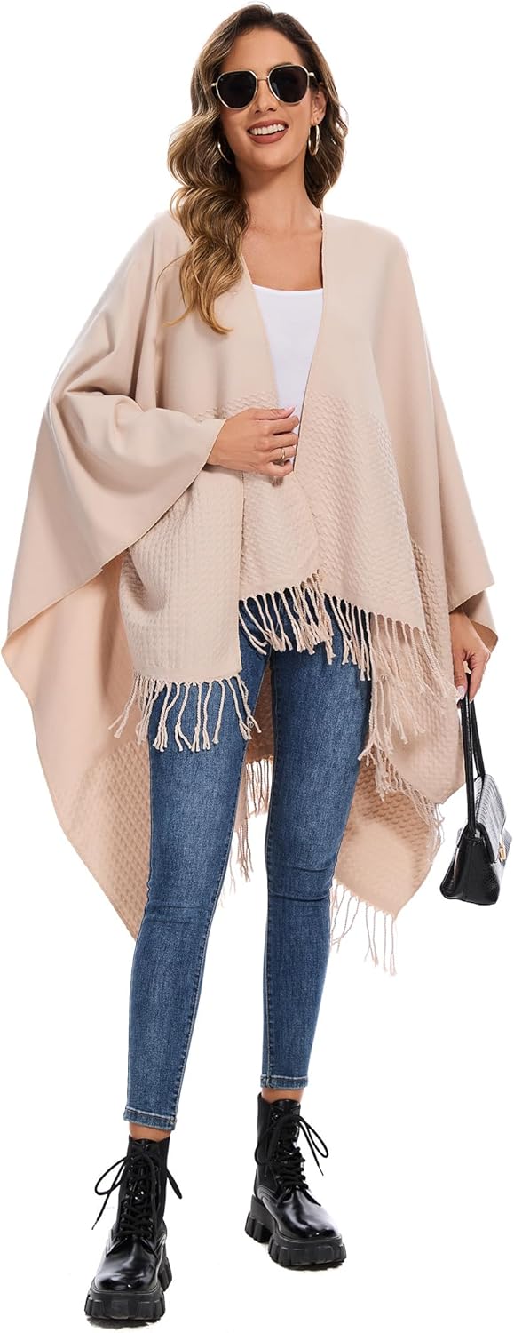 Damen Poncho Schal, Strick Cape Umhang mit Offener Front, Elegante Stola Pashmina Poncho-Decke für F