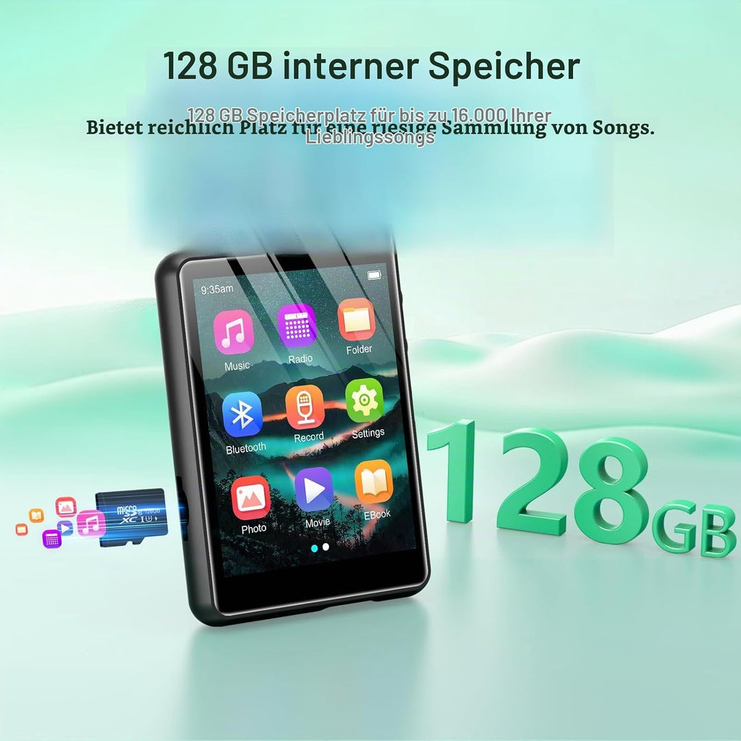 128GB MP3 Player Bluetooth 5.3, ZAQE 2.4" Full Touchscreen Tragbarer Sport MP3 Player,Eingebaute Hig