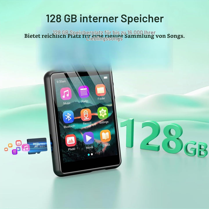 128GB MP3 Player Bluetooth 5.3, ZAQE 2.4" Full Touchscreen Tragbarer Sport MP3 Player,Eingebaute Hig