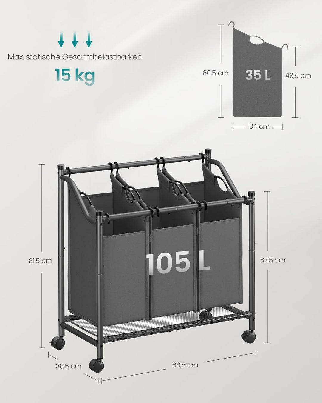 SONGMICS Wäschekorb mit Rollen, Wäschesammler mit 3 abnehmbaren Wäschesäcken, Wäschewagen, für Wasch