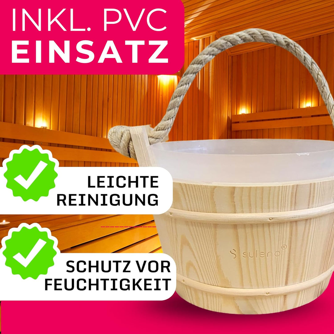 Suleno Sauna Zubehör Set - Saunaeimer mit Kelle aus Nadelholz, PVC-Einsatz, Auslaufsicher, Naturholz