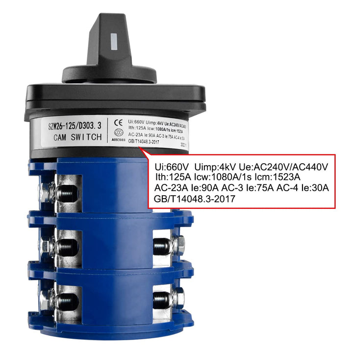 Heschen Universal Drehnockenwahlschalter, SZW26-125/D303.3, 660V 125A, ON-OFF-ON 3 Positionen, 3 Pha
