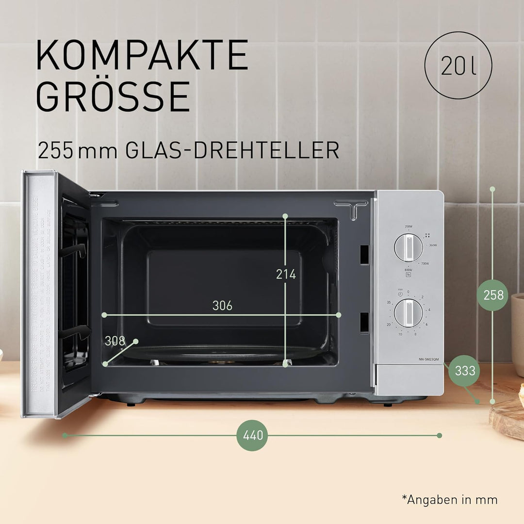 Panasonic NN-SM23QMEPG 20L Solo-Mikrowelle mit Glasschale, 800 W, Auftaueinstellung, 5 Leistungsstuf