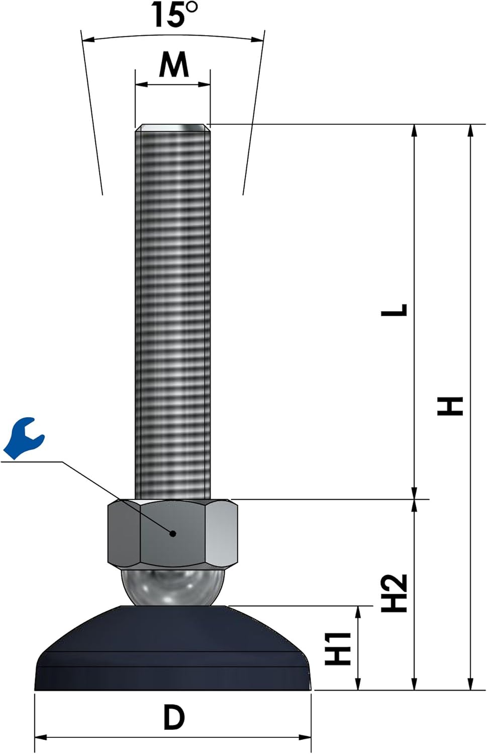 Schwaderer Maschinenfüsse/Stellfüsse/Nivellierfüsse/Gelenkfüsse, höhenverstellbar KF 60 (M10x100), Ø