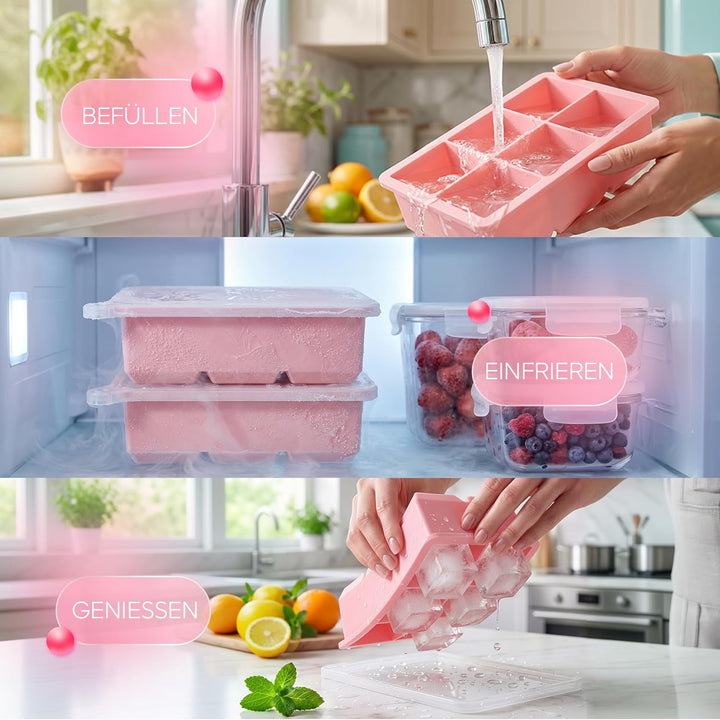 Neighbour’s Friend® Rosa Eiswürfelform XXL – Stylische Eiswürfelform aus Platinsilikon mit Deckel –