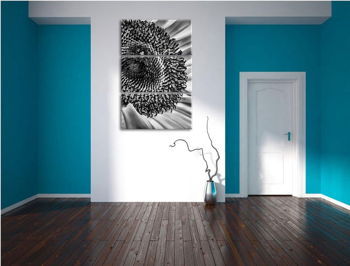 Pixxprint Monocrome, grosse Sonnenblume 3-Teiler Leinwandbild 120x80 Bild auf Leinwand