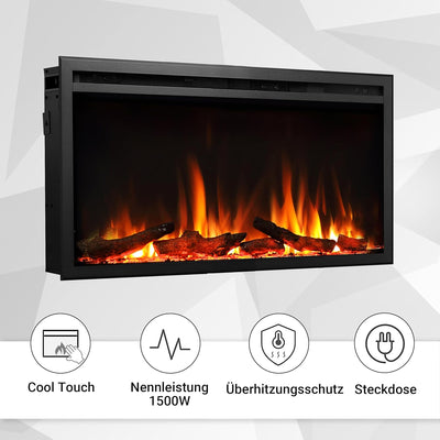 CrownFlame Atalanta 33" Elektrokamin - Elektrischer Einbaukamin mit Heizung 1000/2000 W, realistisch