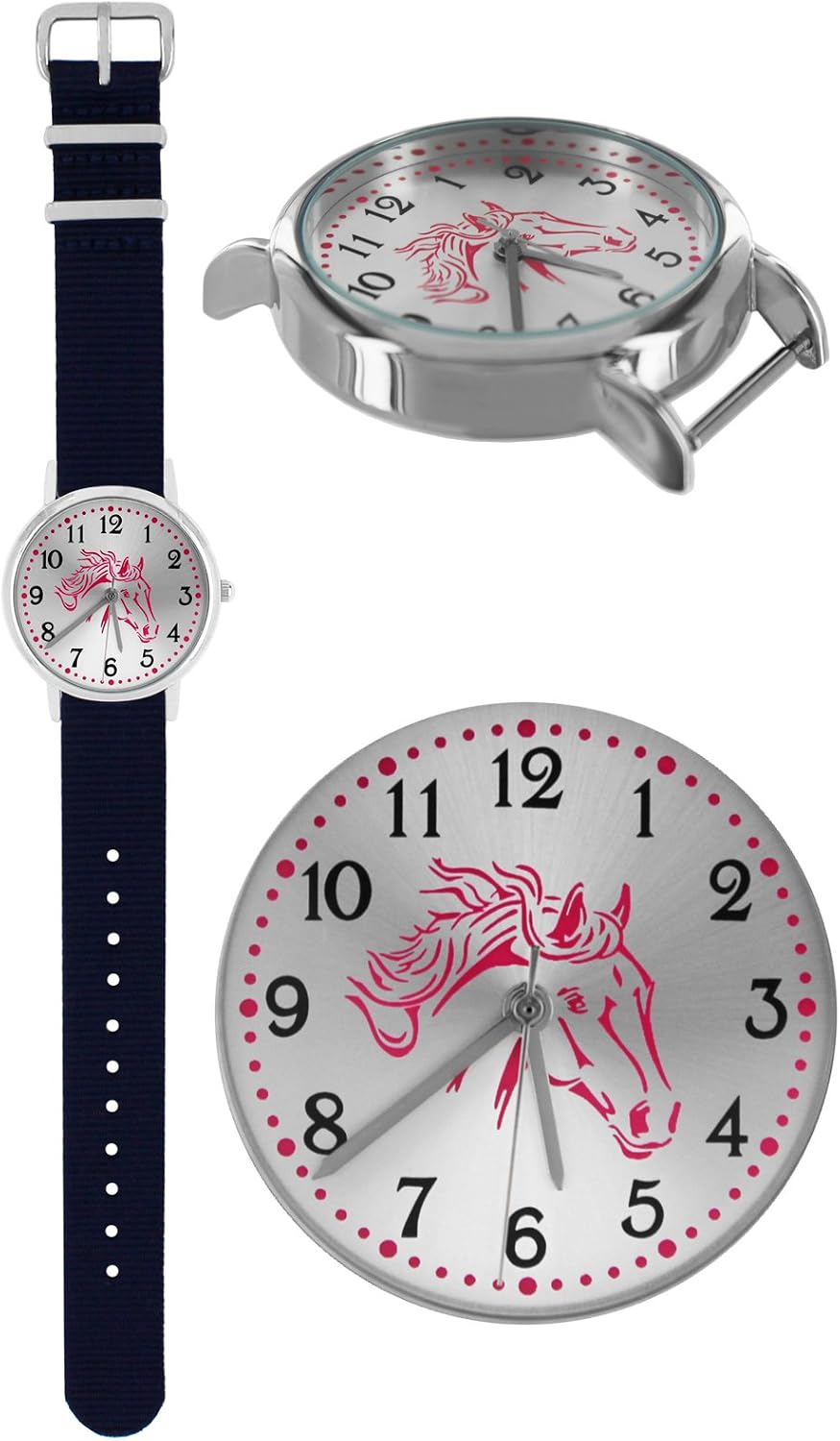Pacific Time Mädchen Armbanduhr Uhr Pferd Pferdemotiv analog Quarz 2 Textilarmband Blau Grau 10021