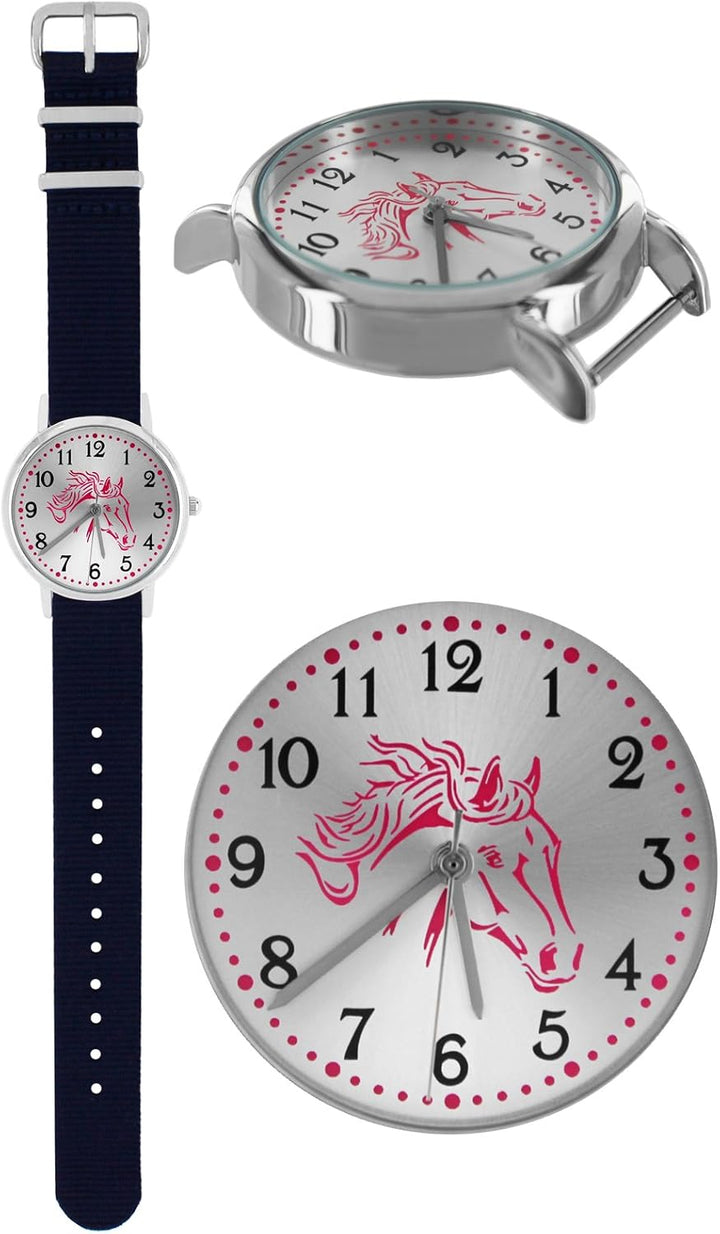 Pacific Time Mädchen Armbanduhr Uhr Pferd Pferdemotiv analog Quarz 2 Textilarmband Blau Grau 10021