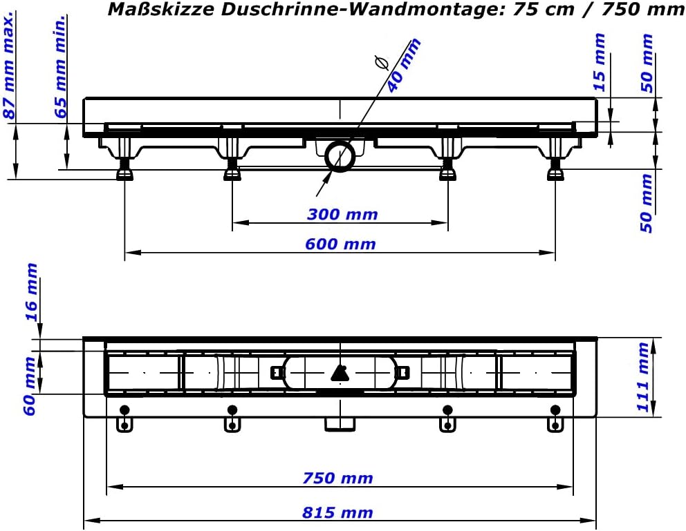 MCH Duschrinne Bodenablauf Edelstahl Ablaufrinne Badablauf flach 75cm, Modell: Drops-Wandmontage