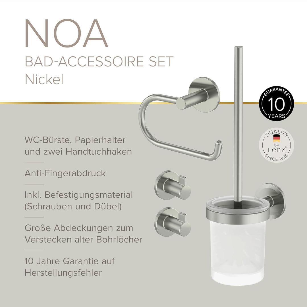 Starter Set NOA (2 Haken, WC-Papierhalter ohne Deckel, WC-Bürstenset), Nickel-matt, Designed by Lenz