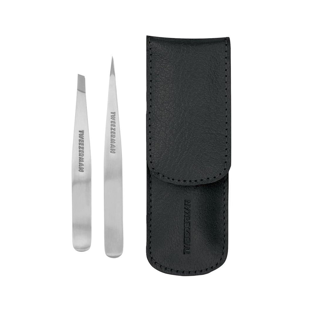 TWEEZERMAN Pinzetten Set mit Leder-Etui aus Rostfreiem Edelstahl, Schräge und Spitze Ausfürhung, Sch